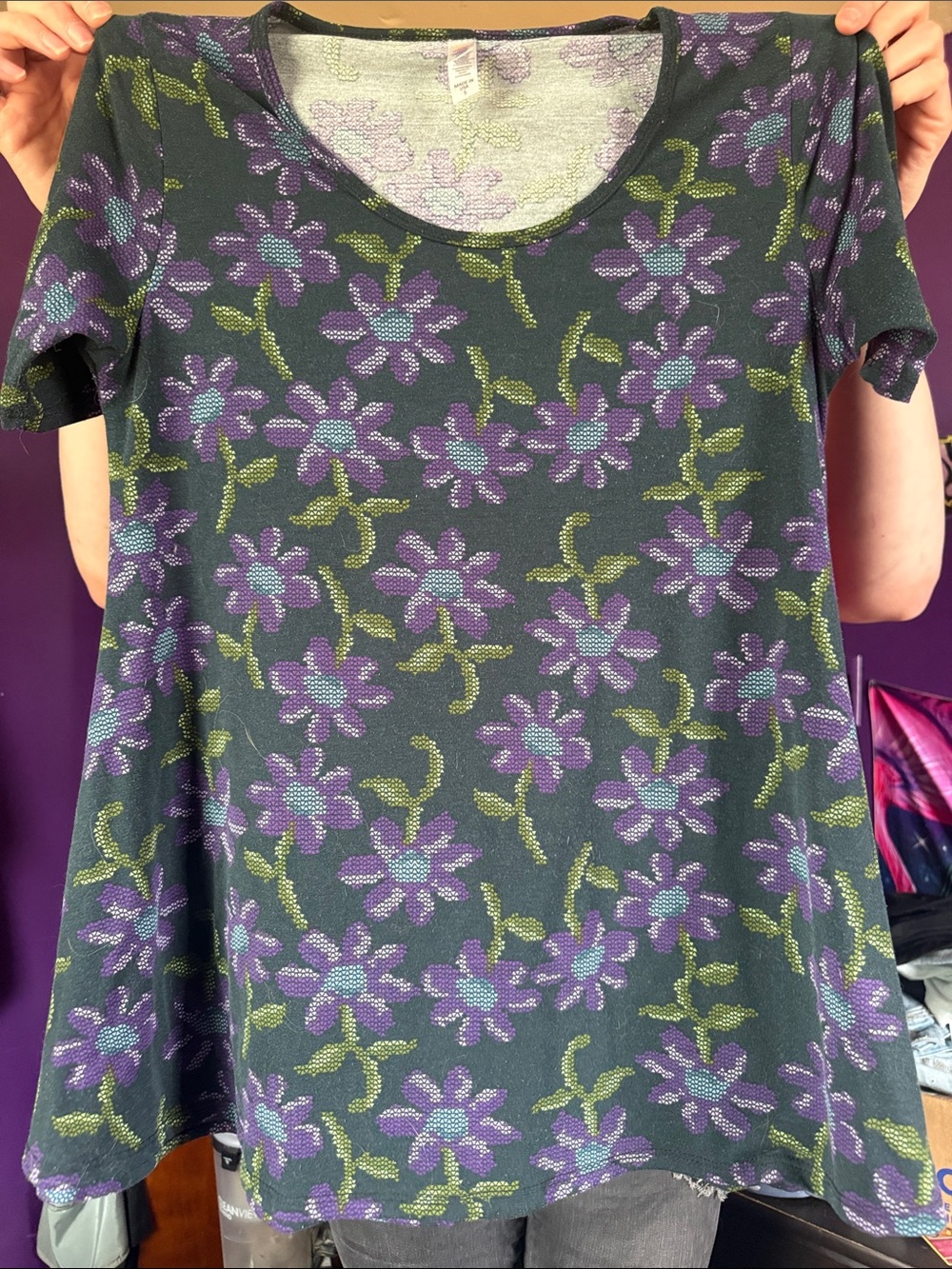 LuLaRoe Dark Green Tunic with Purple Floral Print